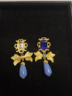 Gold Bow Blue Teardrop Drop Earrings with Blue Gem Accents